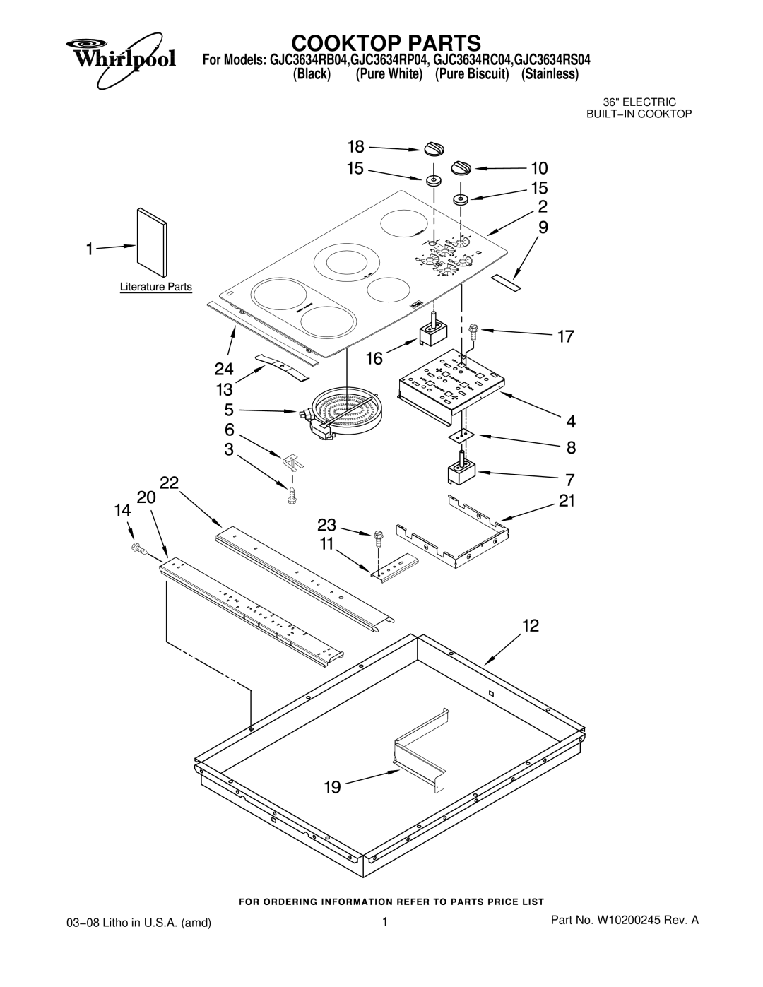 Whirlpool GJC3634RP04, GJC3634RS04, GJC3634RB04, GJC3634RC04 manual Cooktop Parts 