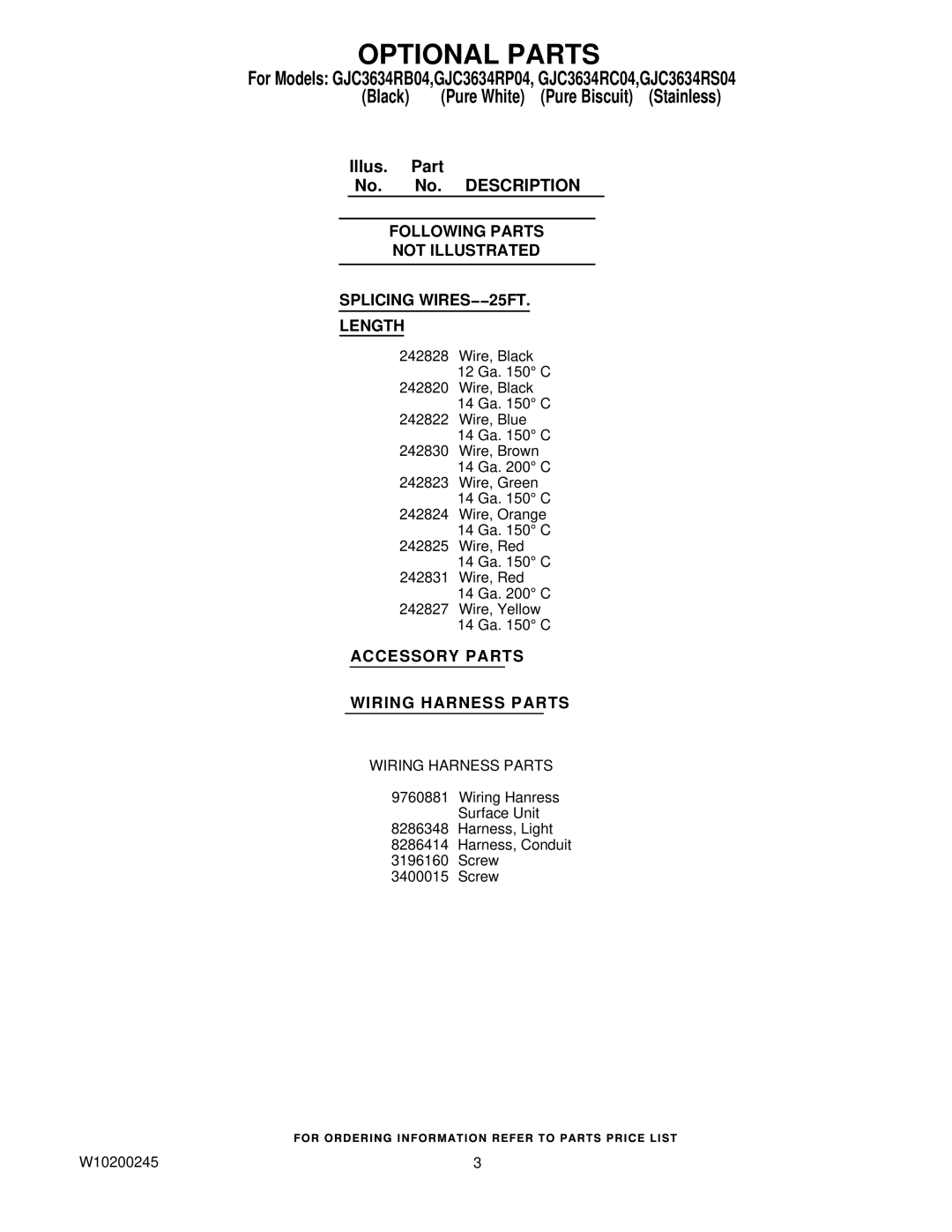 Whirlpool manual Optional Parts, For Models GJC3634RB04,GJC3634RP04, GJC3634RC04,GJC3634RS04, Description 