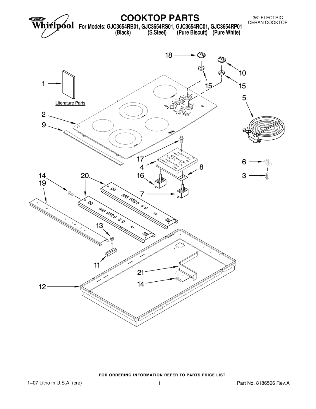 Whirlpool GJC3654RB01, GJC3654RP01, GJC3654RC01, GJC3654RS01 manual Cooktop Parts, Black S.Steel Pure Biscuit Pure White 