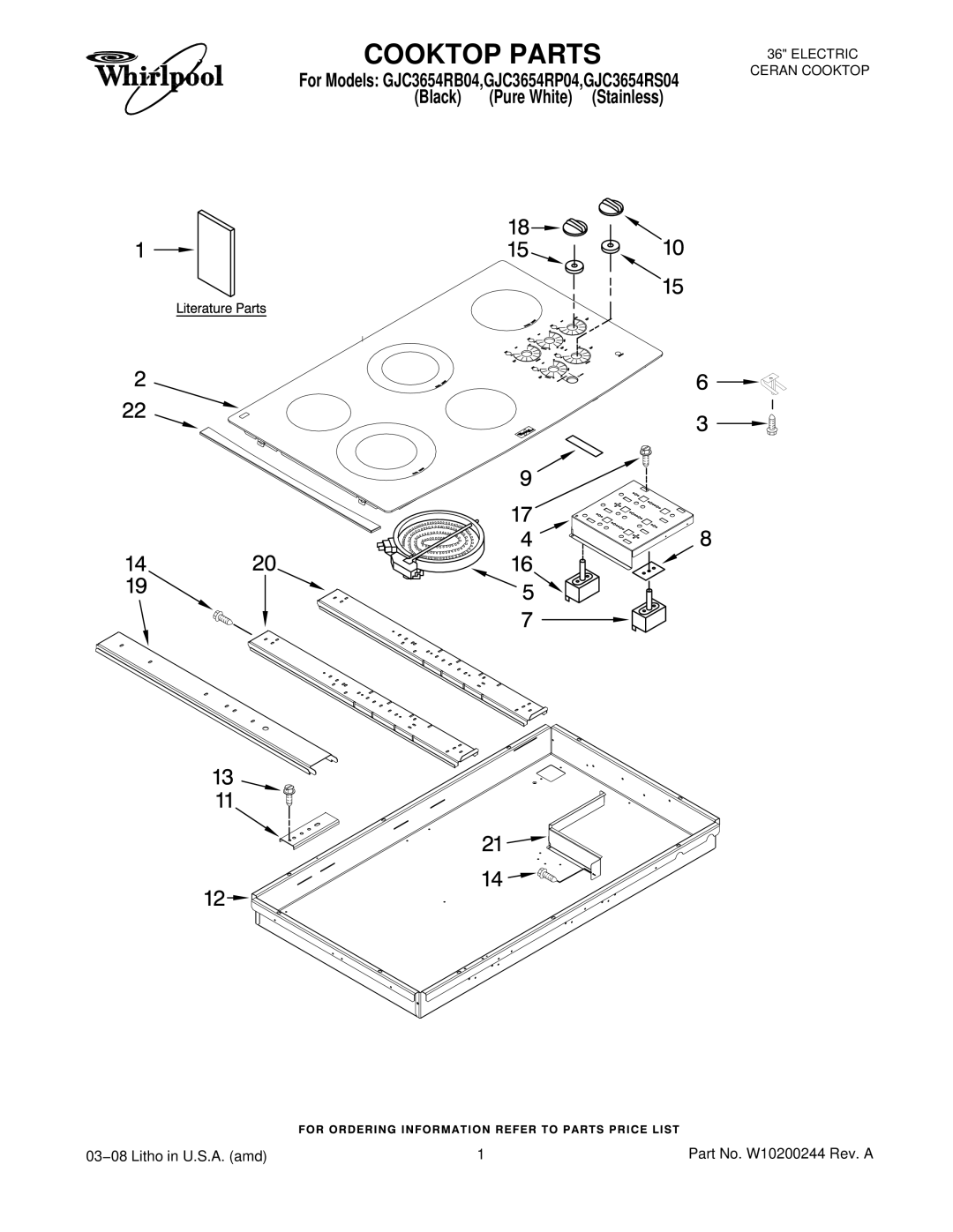 Whirlpool GJC3654RB04, GJC3654RP04, GJC3654RS04 manual Cooktop Parts 