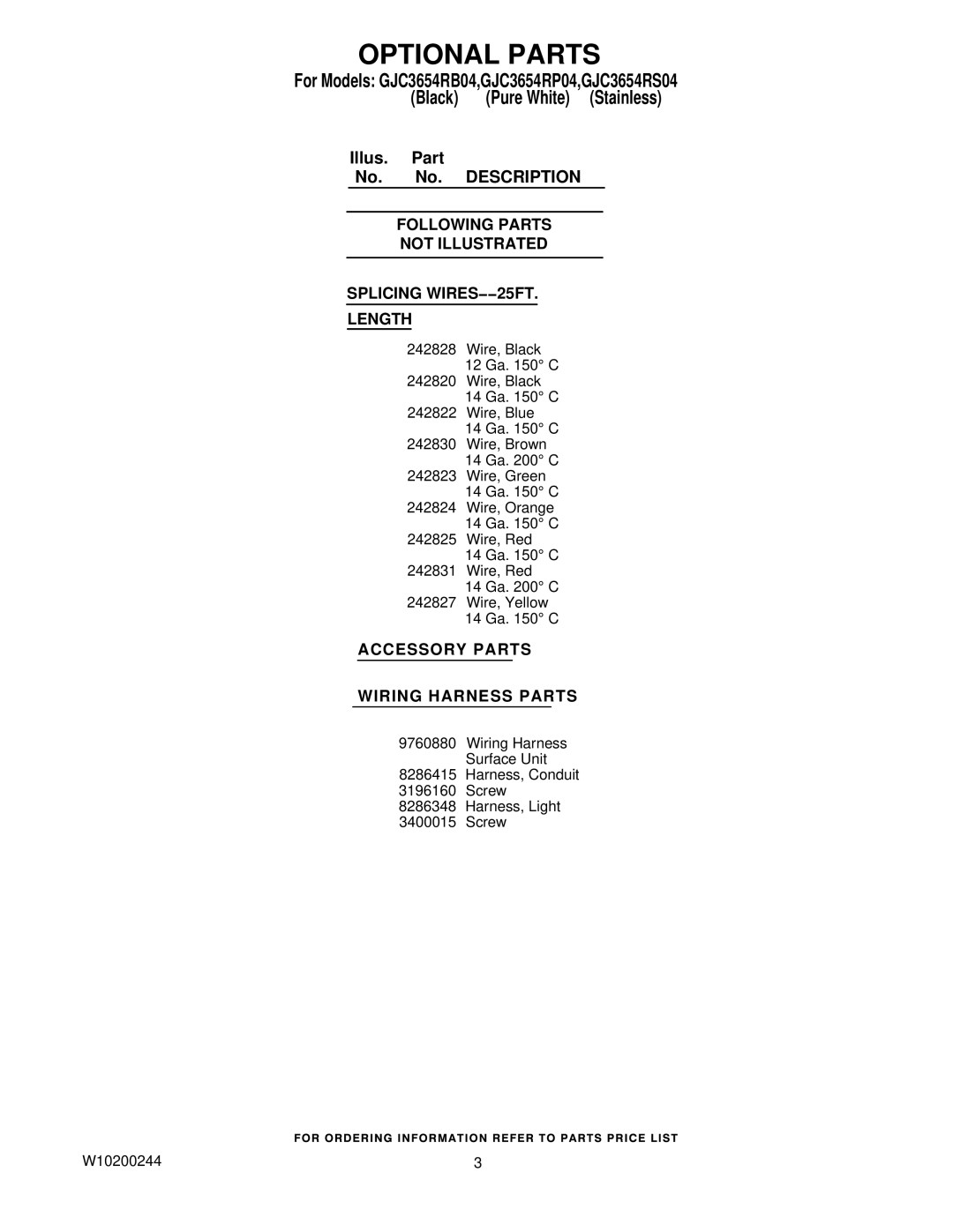 Whirlpool manual Optional Parts, For Models GJC3654RB04,GJC3654RP04,GJC3654RS04, Accessory Parts Wiring Harness Parts 