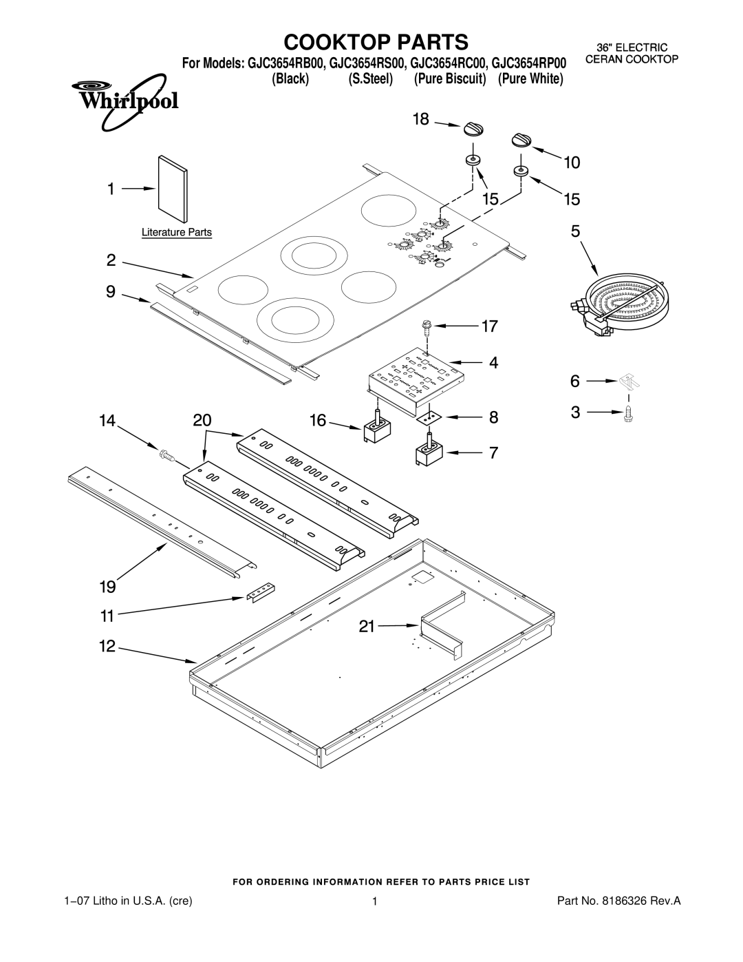 Whirlpool GJC3654RP00, GJC3654RS00, GJC3654RC00, GJC3654RB00 manual Cooktop Parts 