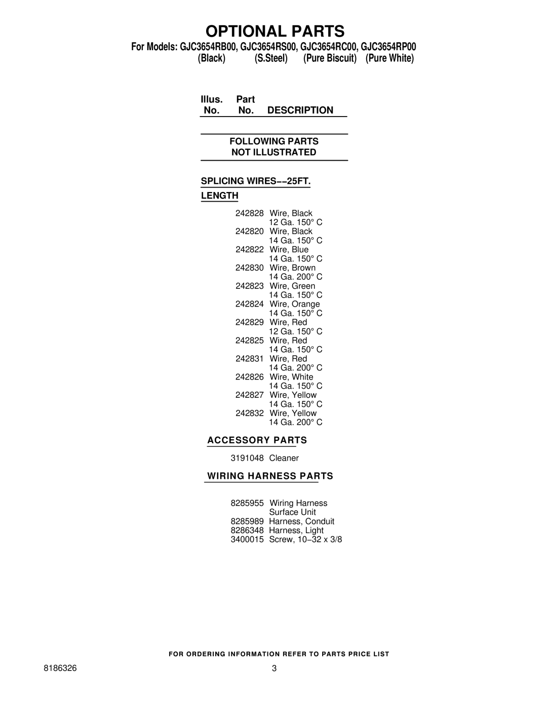 Whirlpool GJC3654RB00, GJC3654RS00 manual Optional Parts, Illus Part No. Description, Accessory Parts, Wiring Harness Parts 