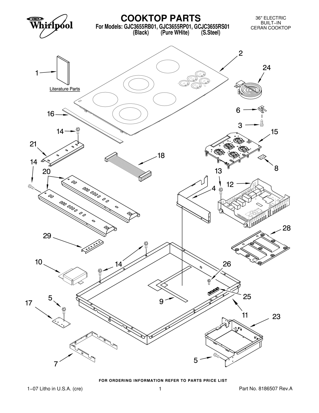 Whirlpool GJC3655R manual Cooktop Parts, Black Pure WHite S.Steel 