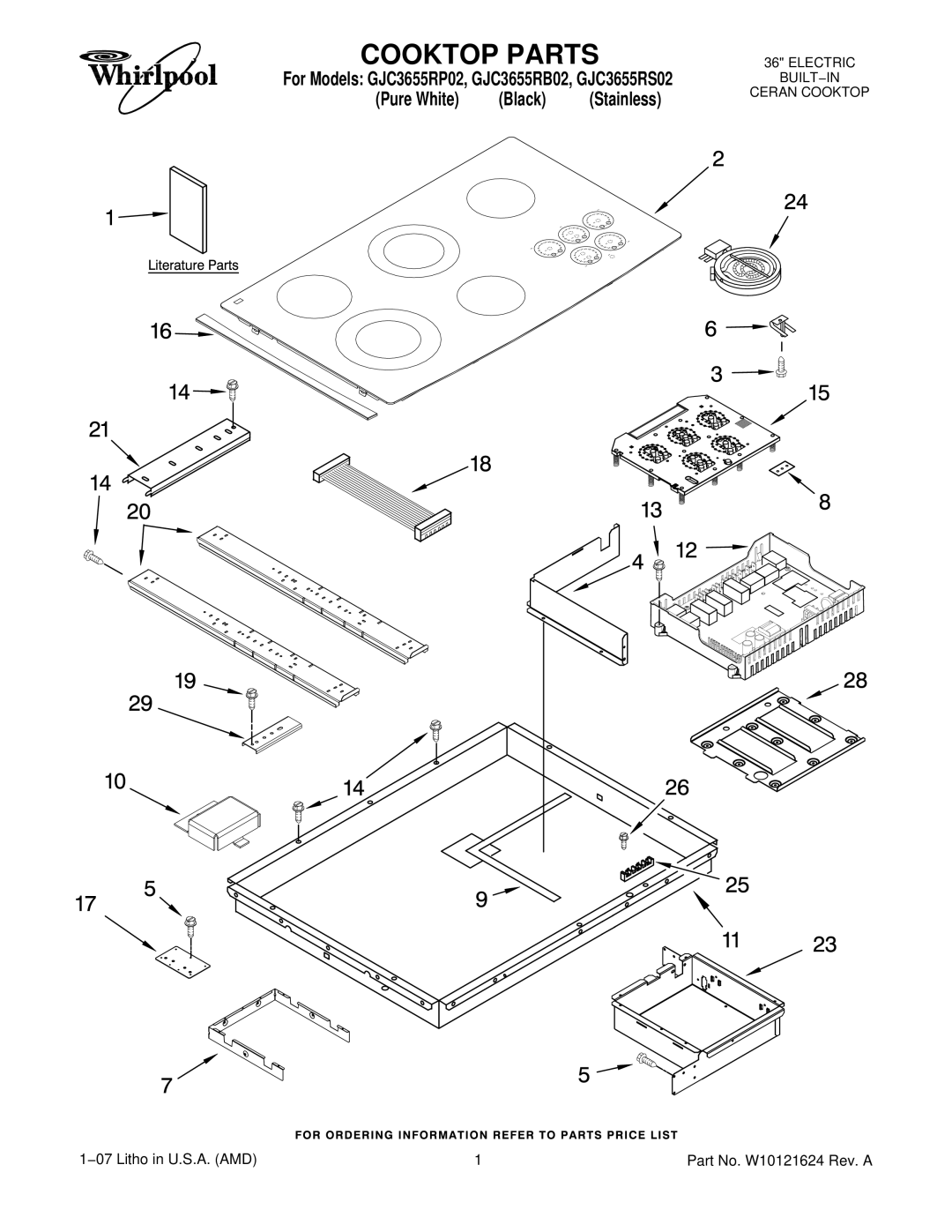 Whirlpool GJC3655RS02, GJC3655RP02, GJC3655RB02 manual Cooktop Parts, Pure White Black Stainless 