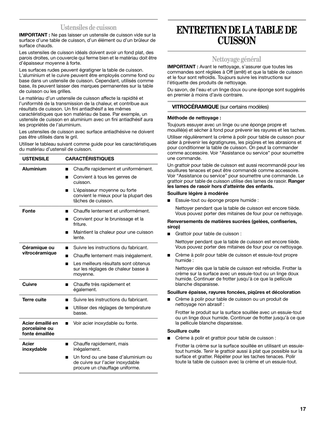 Whirlpool GJD3044L manual Cuisson, Ustensiles de cuisson, Nettoyage général, Ustensile Caractéristiques 