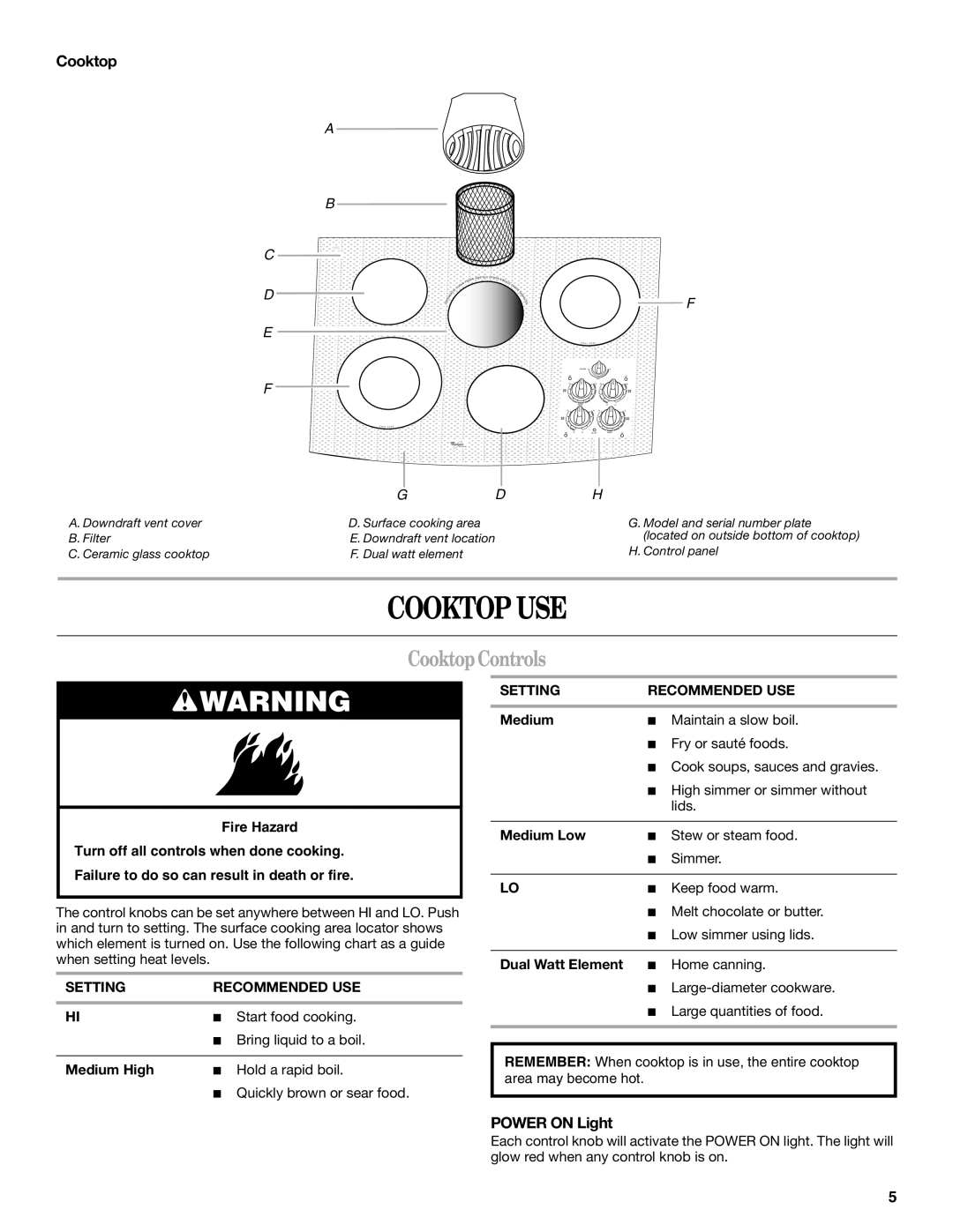 Whirlpool GJD3044L manual Cooktop USE, Cooktop Controls, Power on Light, Setting Recommended USE 