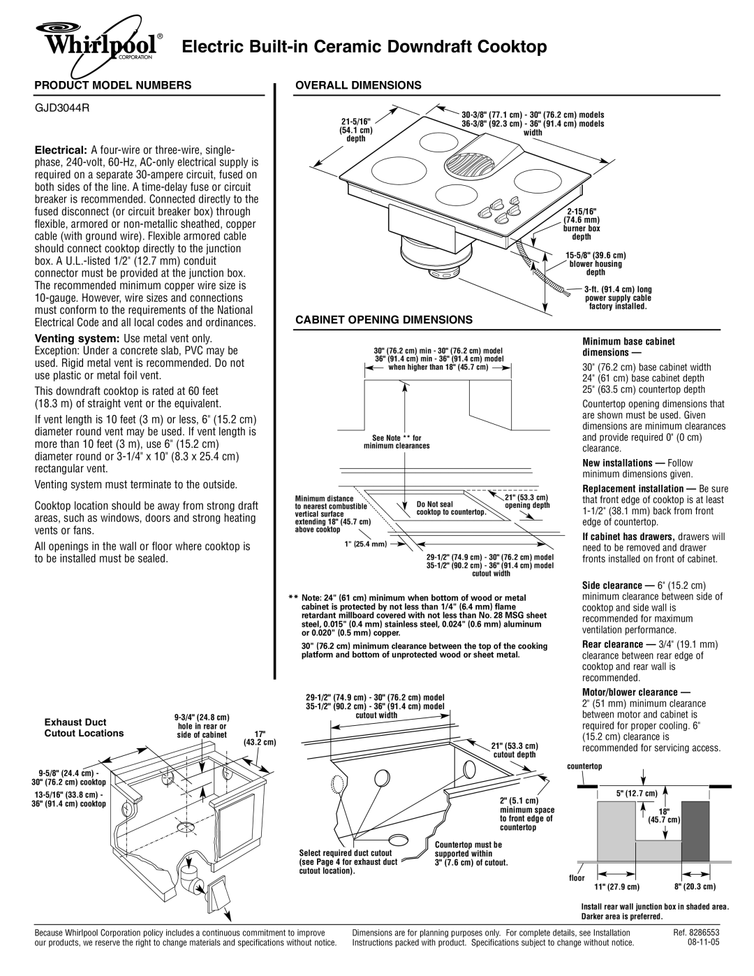 Whirlpool GJD3044R specifications Electric Built-in Ceramic Downdraft Cooktop, Product Model Numbers, Overall Dimensions 