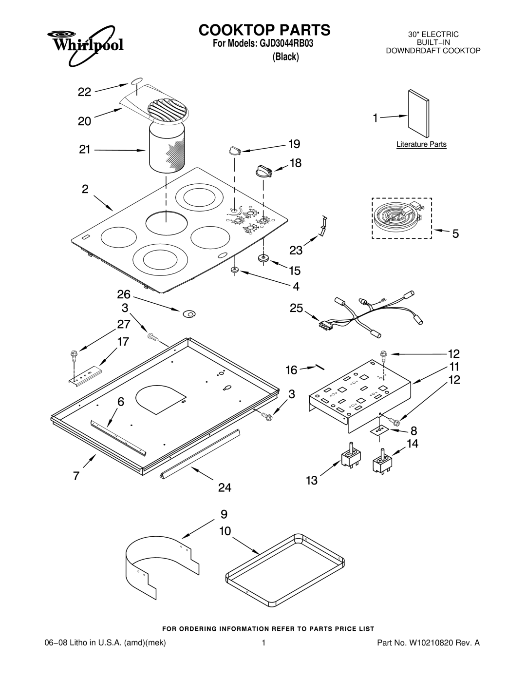 Whirlpool GJD3044RB03 manual Cooktop Parts 