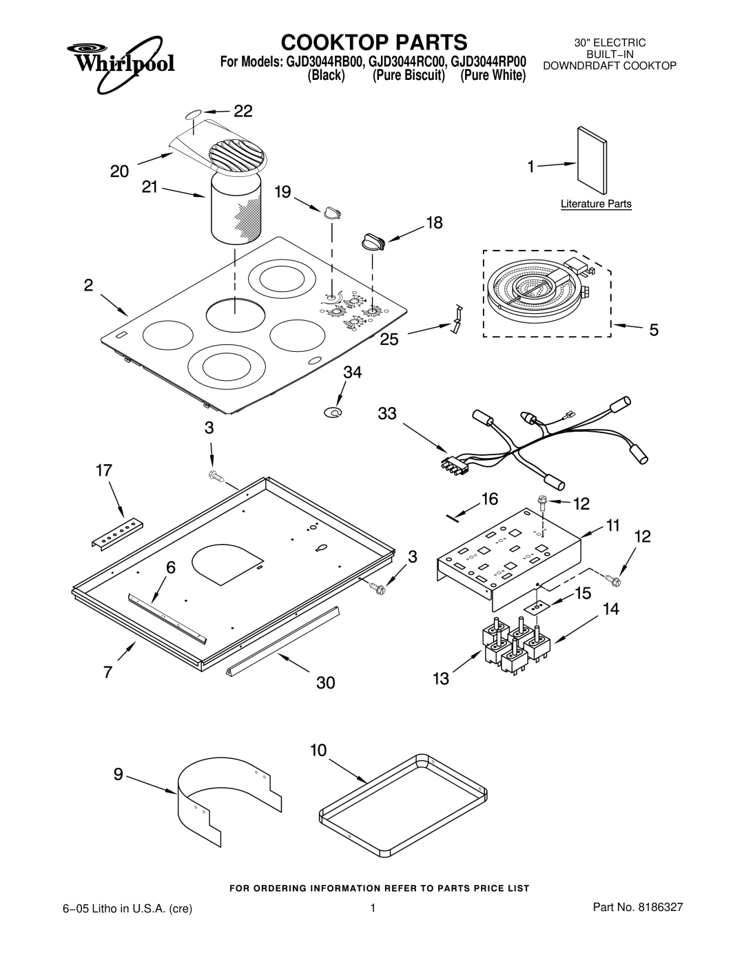 Whirlpool GJD3044RB00, GJD3044RP00, GJD3044RC00 manual Cooktop Parts 