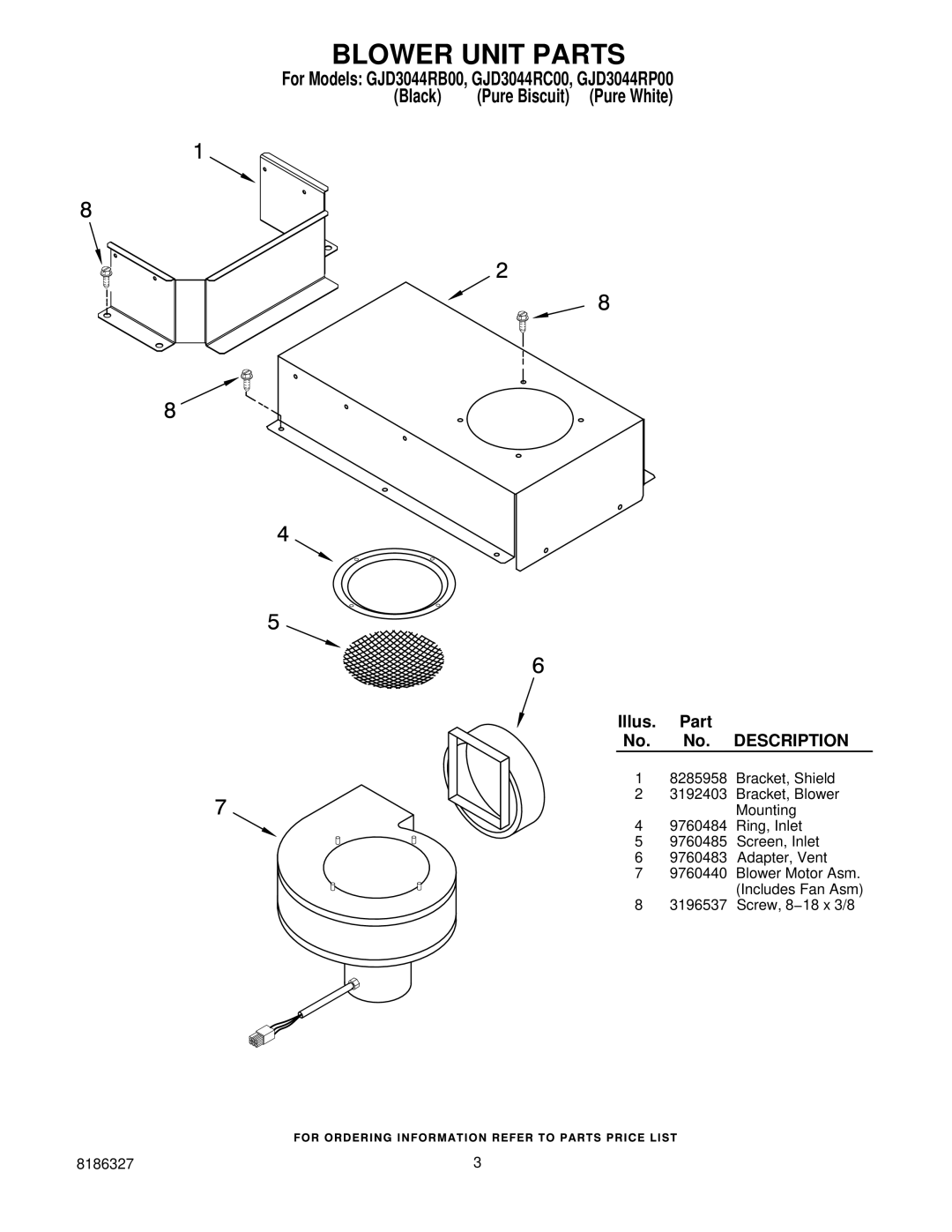 Whirlpool GJD3044RP00, GJD3044RB00, GJD3044RC00 manual Blower Unit Parts, Description 