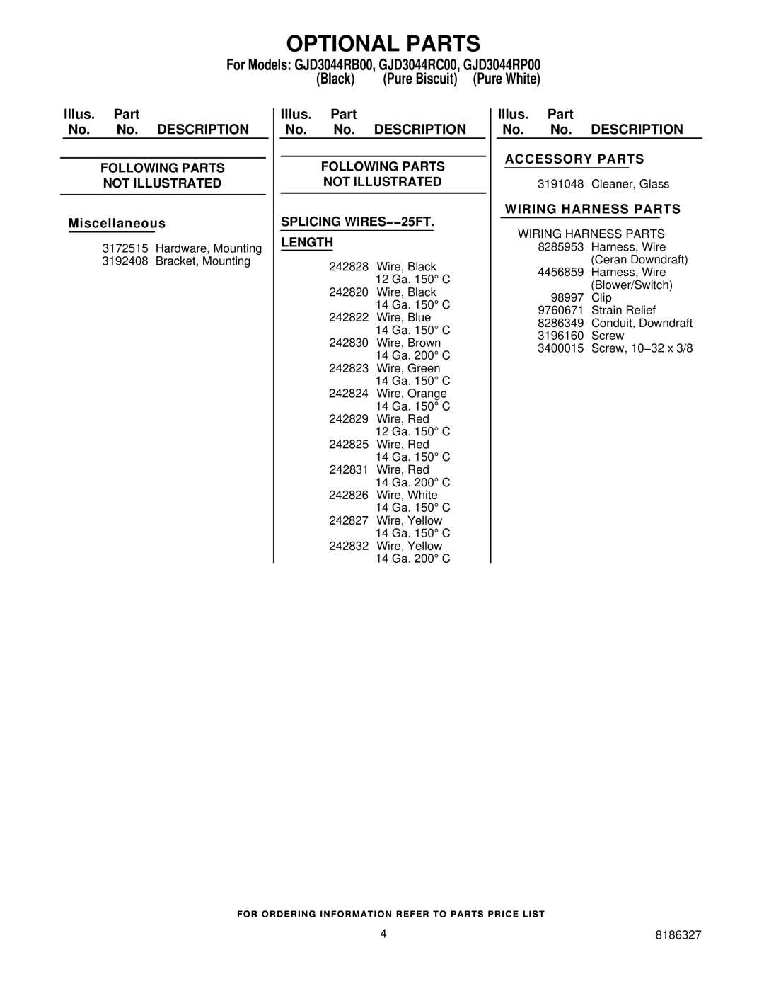 Whirlpool GJD3044RB00, GJD3044RP00 manual Following Parts Not Illustrated Splicing WIRES−−25FT Length, Accessory Parts 