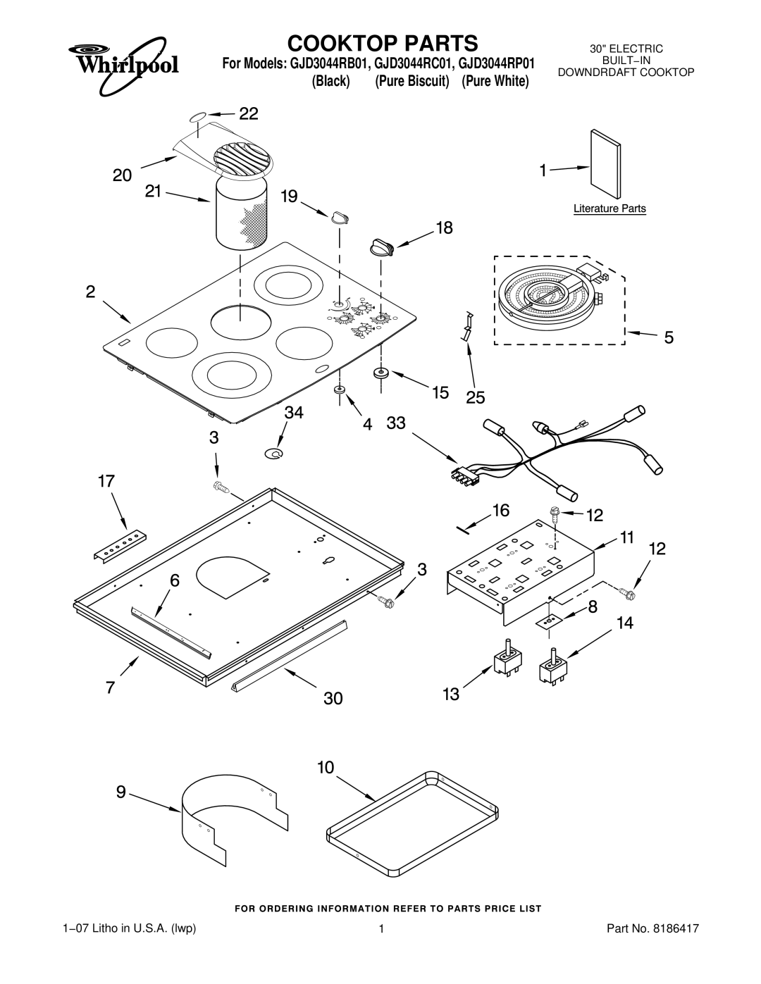 Whirlpool GJD3044RC01, GJD3044RP01, GJD3044RB01 manual Cooktop Parts 