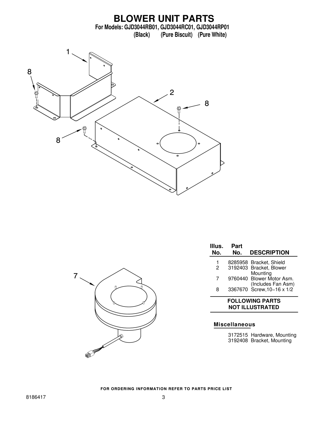 Whirlpool manual Blower Unit Parts, For Models GJD3044RB01, GJD3044RC01, GJD3044RP01 Black 