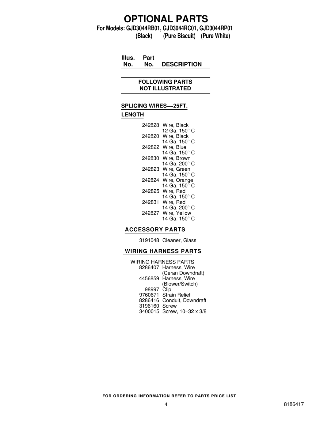 Whirlpool GJD3044RC01, GJD3044RP01, GJD3044RB01 manual Optional Parts, Wiring Harness Parts 