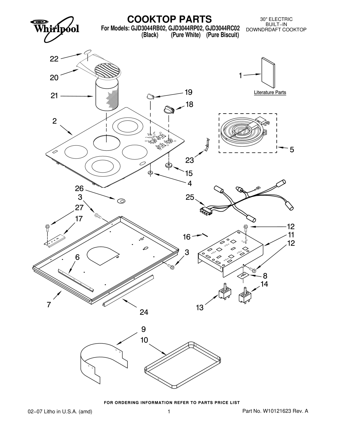 Whirlpool GJD3044RC02, GJD3044RP02, GJD3044RB02 manual Cooktop Parts 