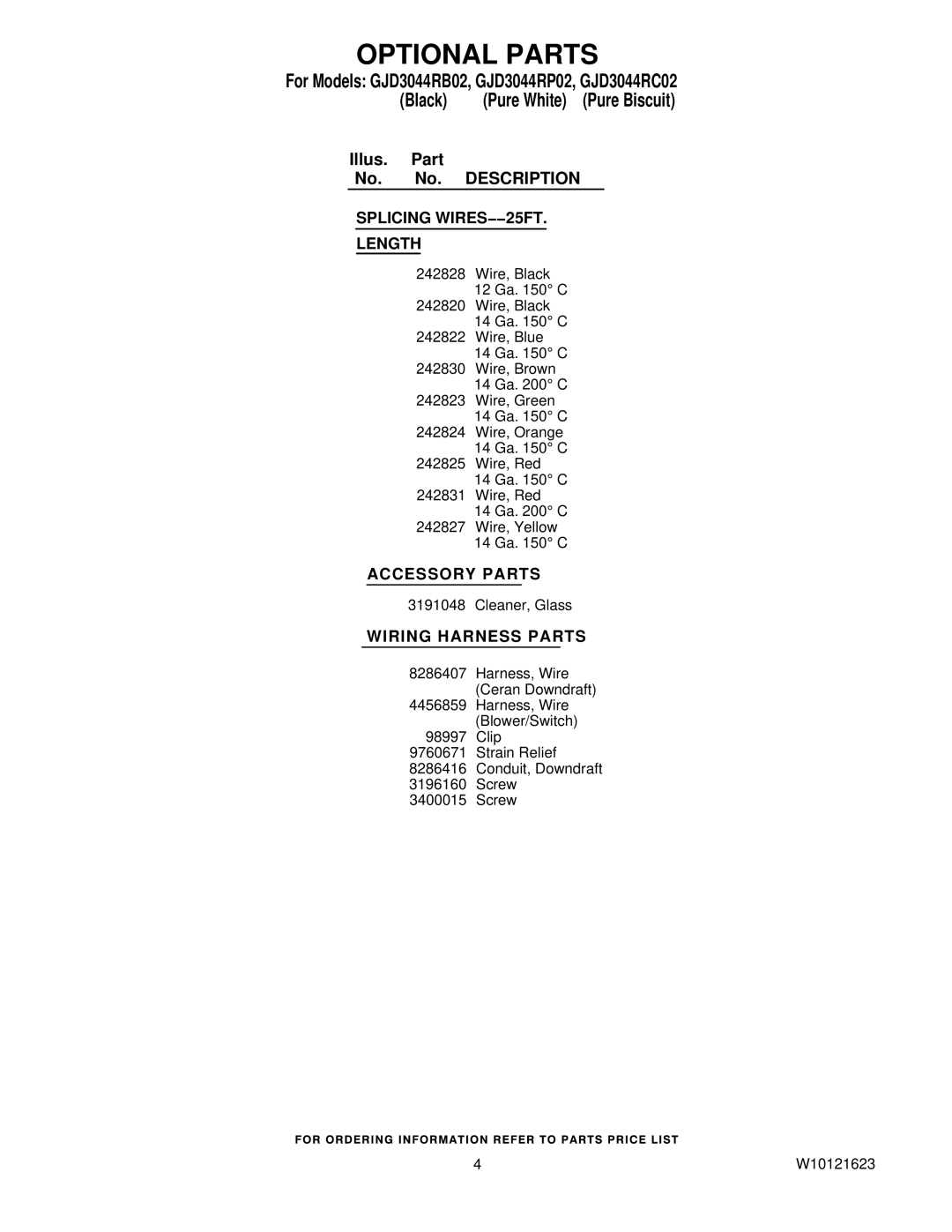 Whirlpool GJD3044RC02, GJD3044RP02, GJD3044RB02 manual Optional Parts, Splicing WIRES−−25FT Length 