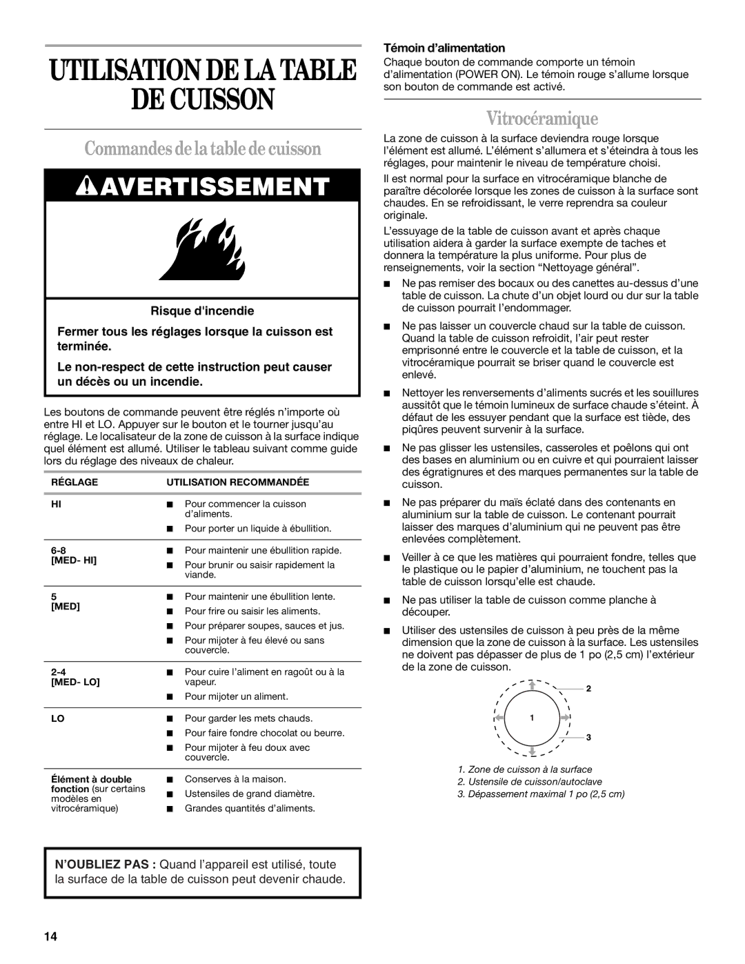 Whirlpool GJD3644L manual DE Cuisson, Commandes de la table de cuisson, Vitrocéramique, Témoin d’alimentation 