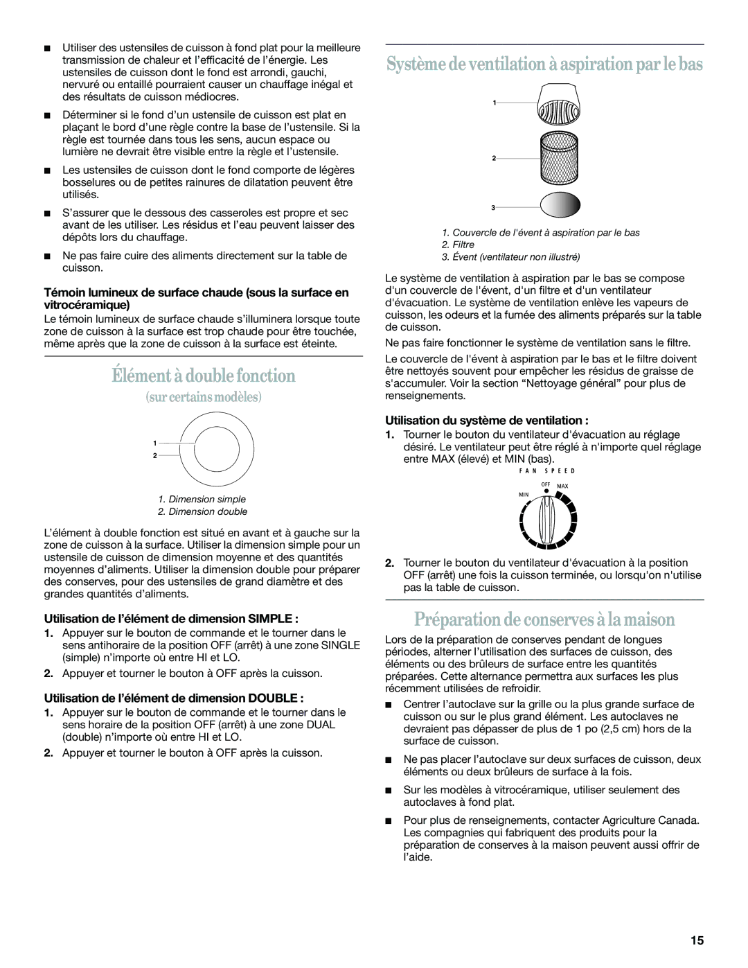 Whirlpool GJD3644L Élément à double fonction, Préparation de conserves àla maison, Utilisation du système de ventilation 