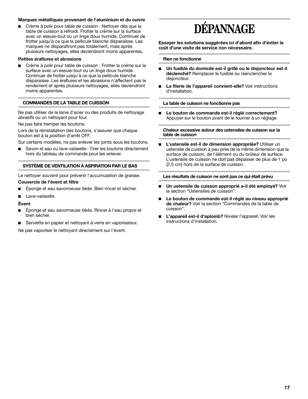 Whirlpool GJD3644L manual Dépannage, Commandes DE LA Table DE Cuisson, Système DE Ventilation À Aspiration PAR LE BAS 