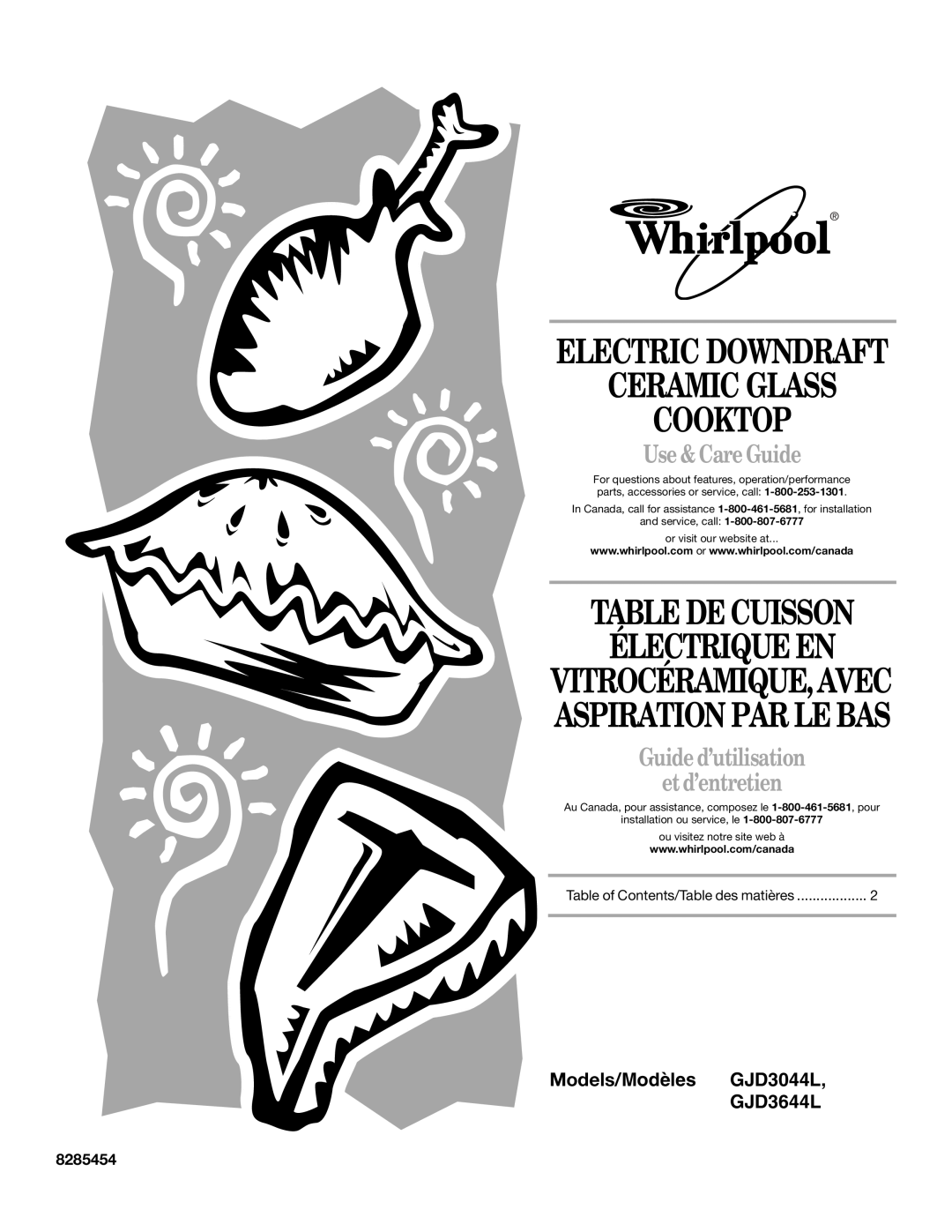 Whirlpool GJD3644L manual Ceramic Glass Cooktop, Table De Cuisson Électrique En, Electric Downdraft, Use & Care Guide 