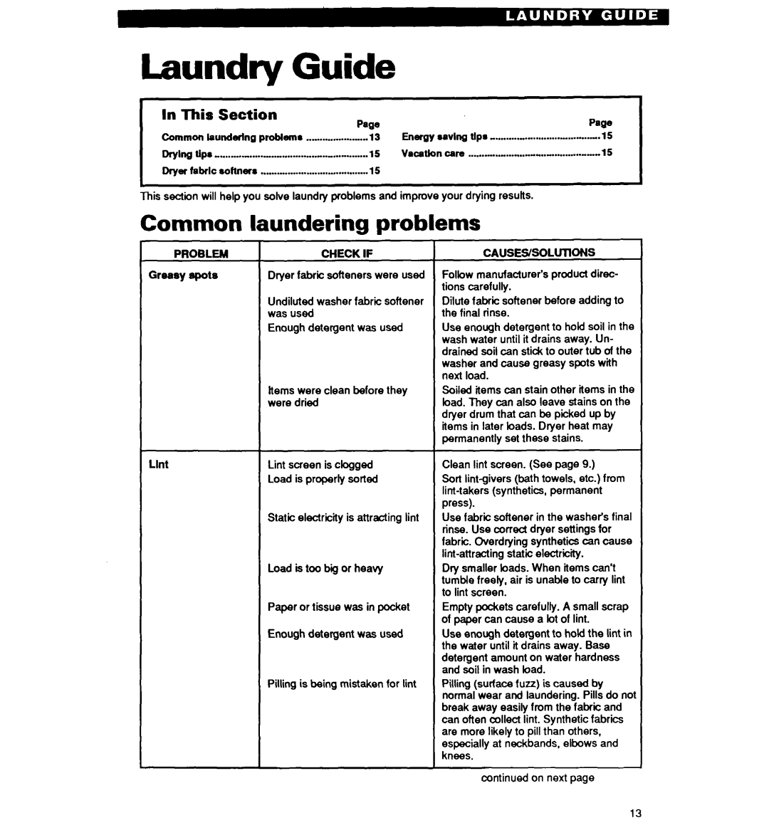 Whirlpool Gl2020W, GL3030W, EL2020W, EL3030W operating instructions Guide, Common Laundering, Problem, Causeysolutions 