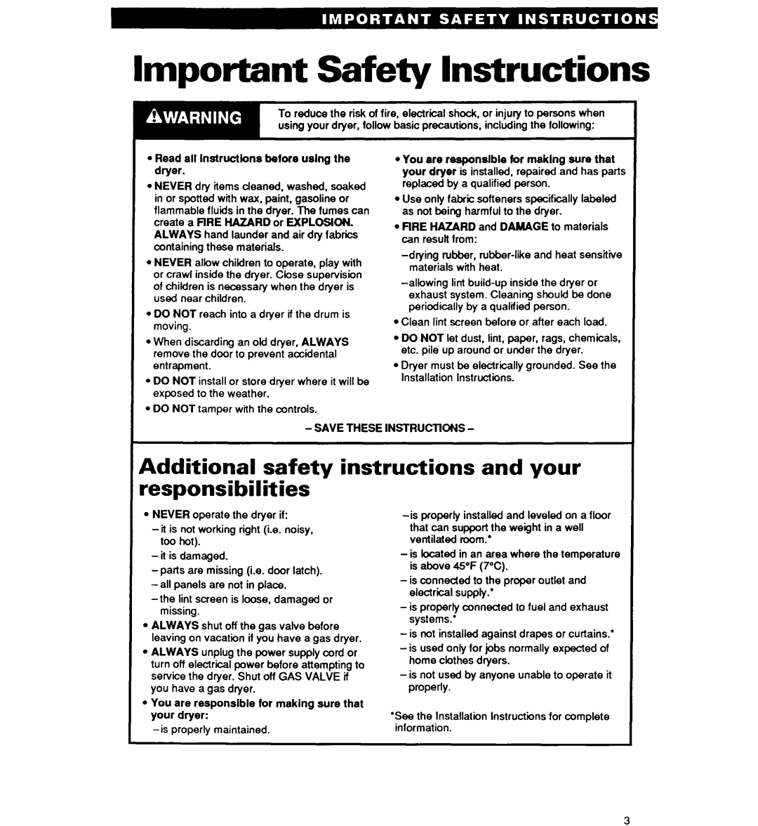 Whirlpool EL3030W, GL3030W Important Safety Instructions, Additional safety instructions and your responsibilities, Hazard 