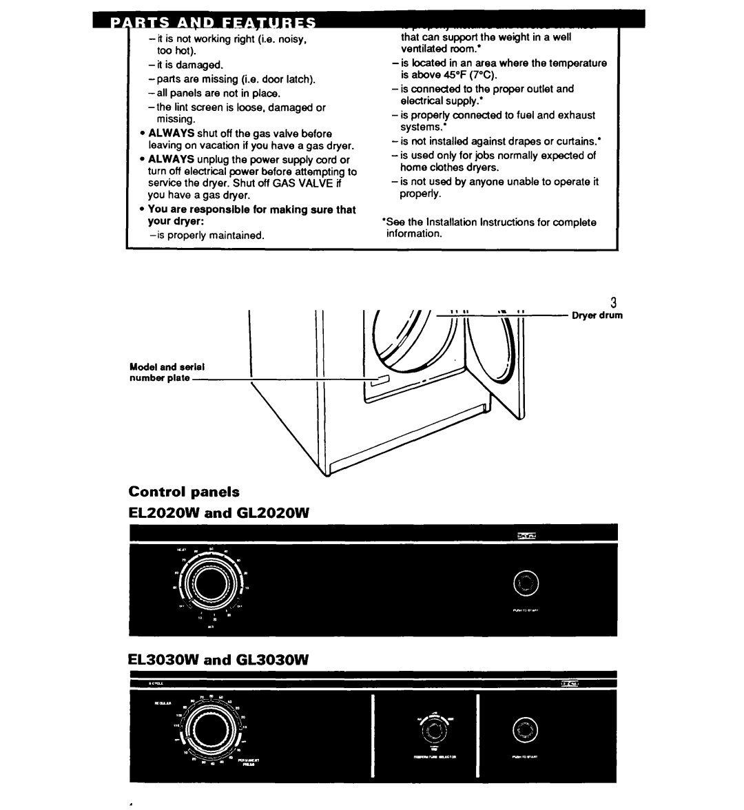 Whirlpool GL3030W, Gl2020W, EL2020W, EL3030W operating instructions Parts And Features, Control panels Elzozow and Glzozow 