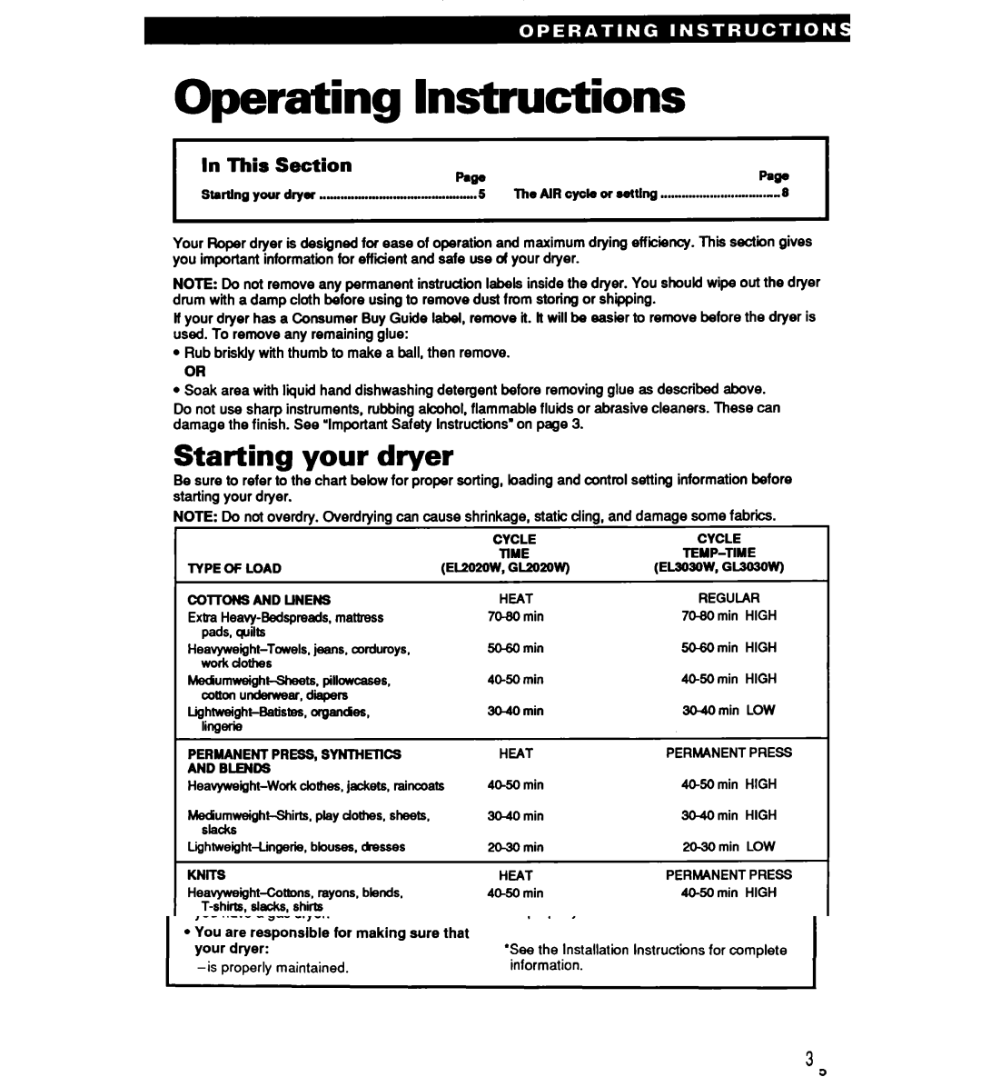 Whirlpool Gl2020W, GL3030W, EL2020W, EL3030W Operating Instructions, Starting your dryer, This Section HPWF 