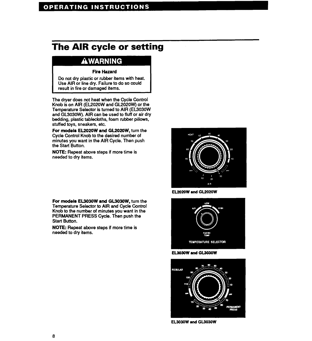 Whirlpool GL3030W, Gl2020W, EL2020W, EL3030W operating instructions AIR cycle or setting 