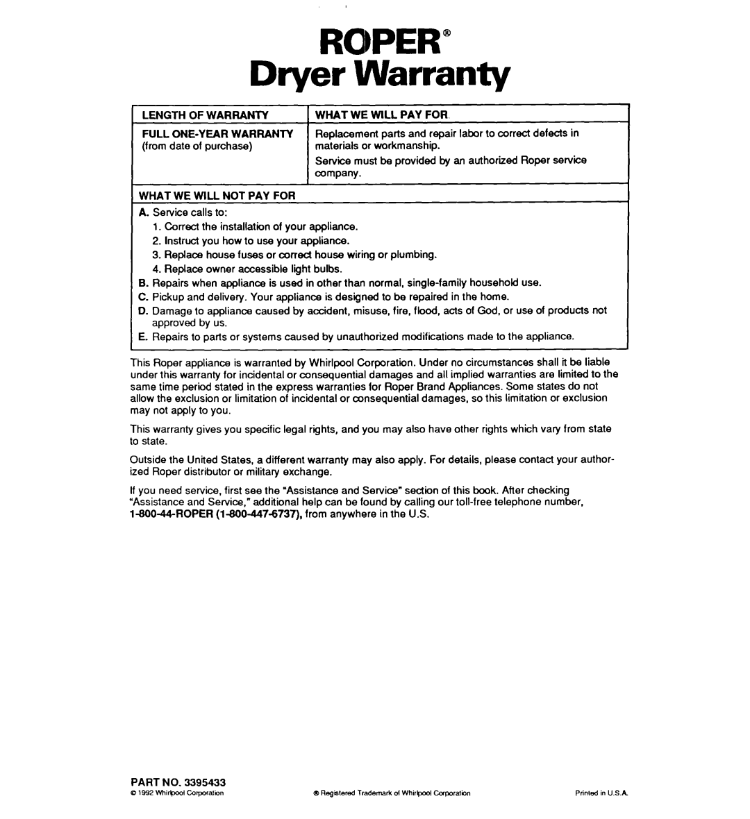 Whirlpool GL3030W, Gl2020W, EL2020W, EL3030W operating instructions ROPER” Dryer Warranty 