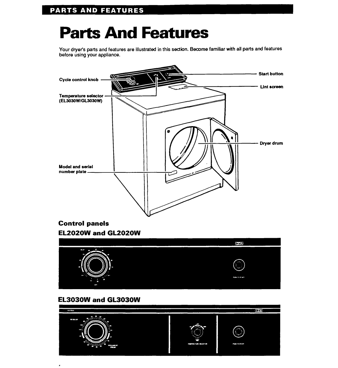 Whirlpool GL3030W, Gl2020W, EL2020W, EL3030W operating instructions Parts And Features 