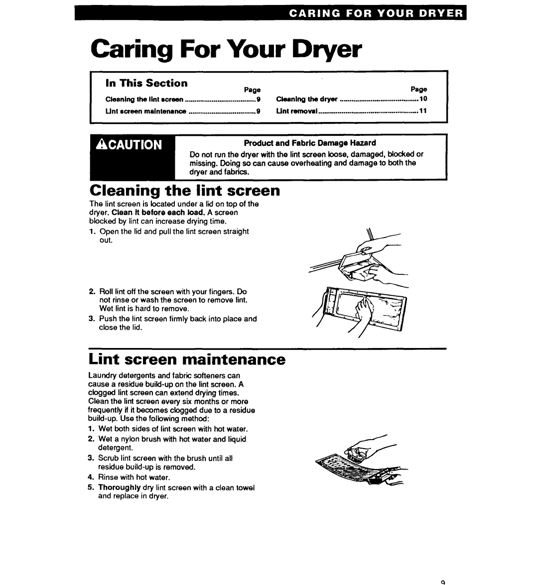 Whirlpool Gl2020W, GL3030W, EL2020W Caring For Your Dryer, Cleaning the lint screen, Lint screen maintenance, Section 