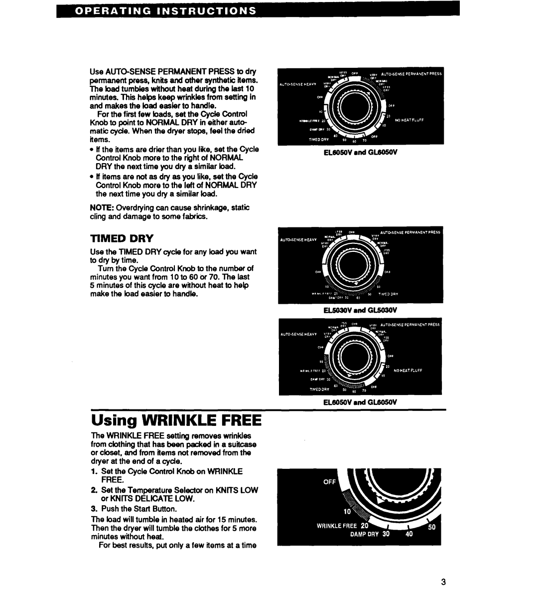 Whirlpool EL4030V, GL5030, GL4030V, GL6050V, EL6050V, EL5030V warranty Using Wrinkle Free, ELSOWVl d GL503OV 