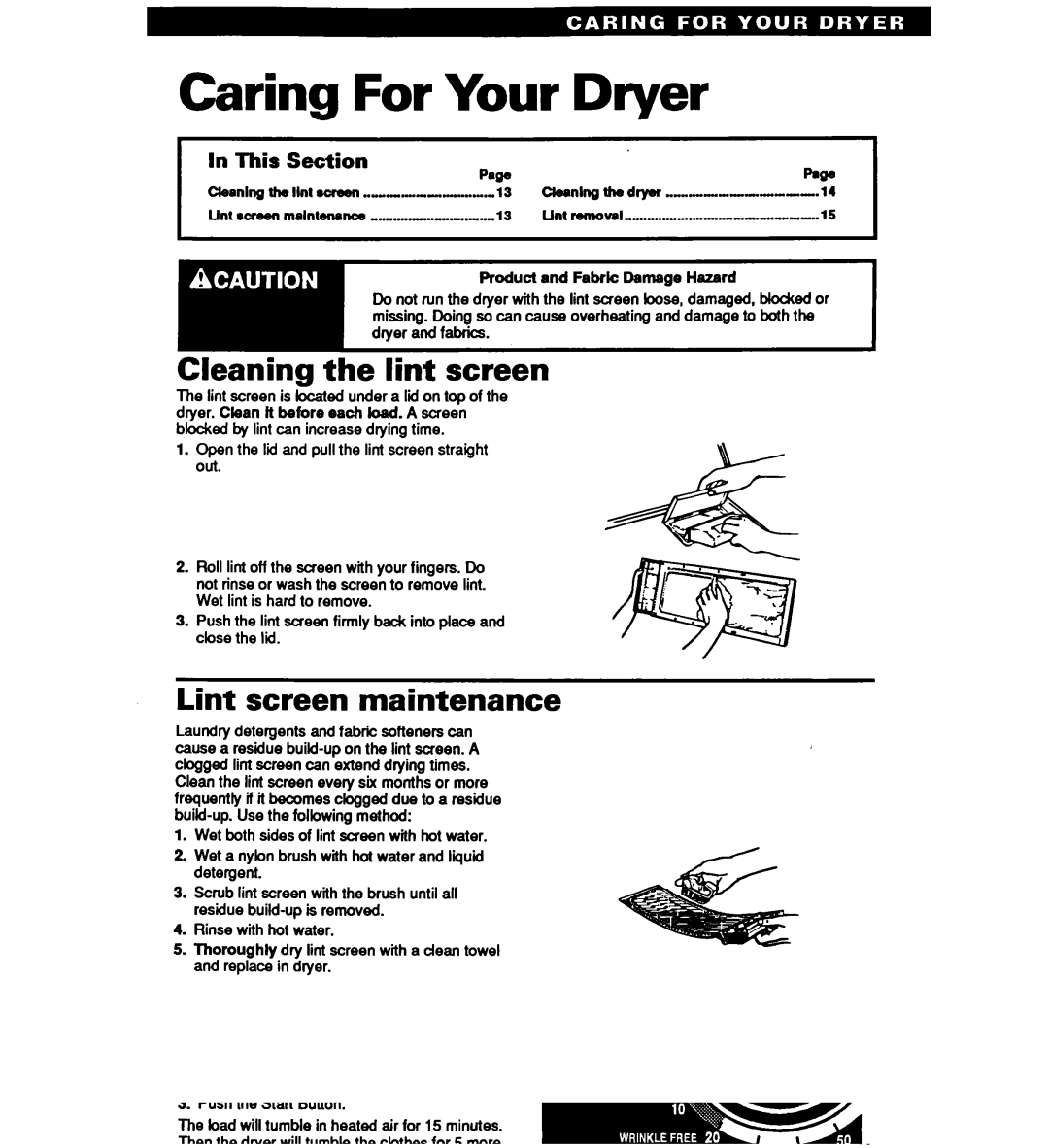 Whirlpool GL4030V, GL5030 Caring For Your Dryer, Cleaning the lint screen, Lint screen maintenance, Section PaWJ, This 