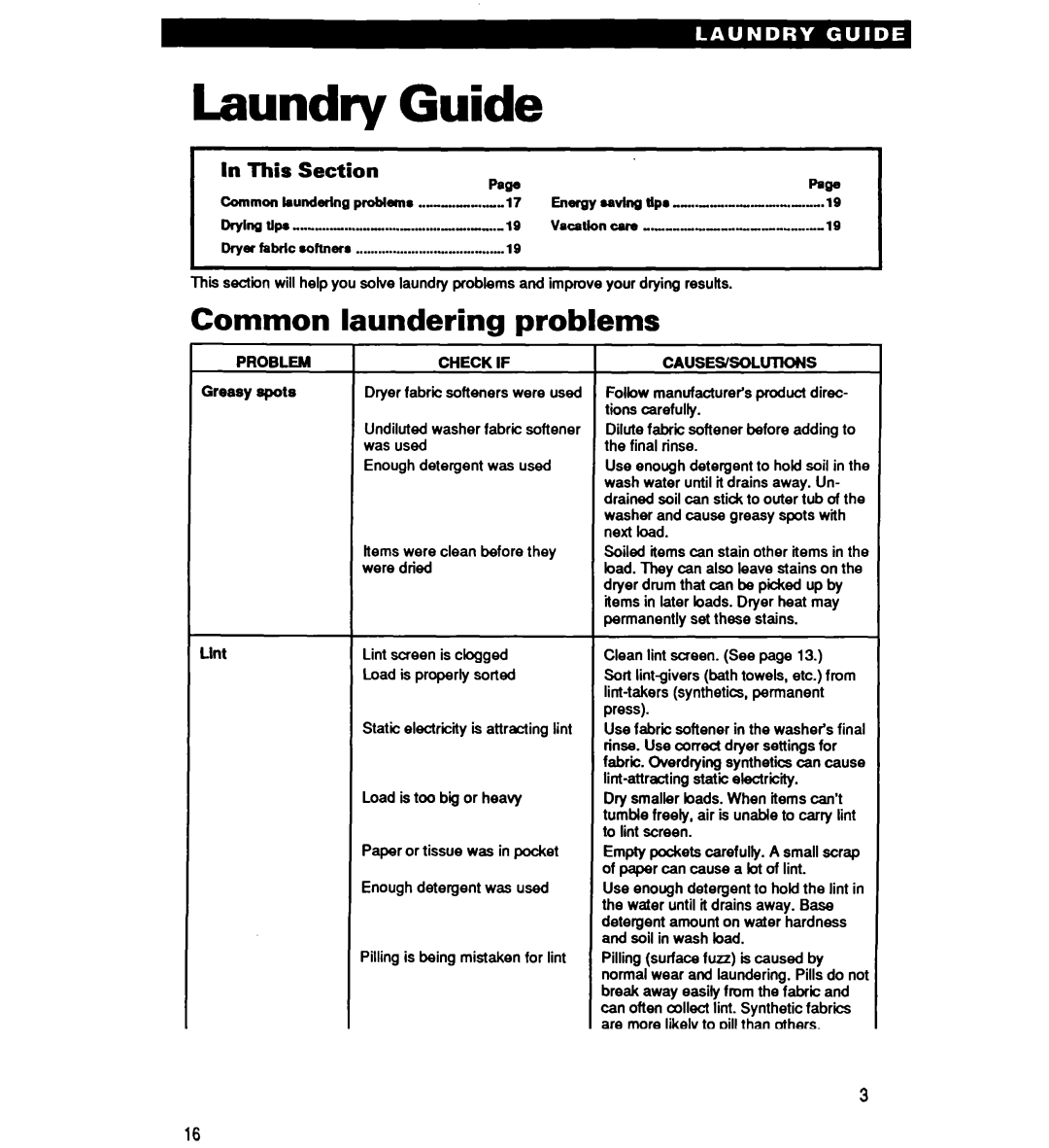 Whirlpool EL5030V, GL5030, GL4030V, GL6050V, EL6050V, EL4030V Laundry Guide, Common laundering problems, This Section Paw 