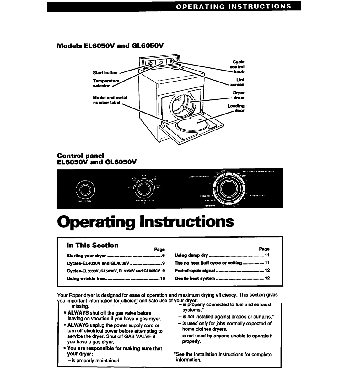 Whirlpool EL5030V, GL5030, GL4030V, GL6050V, EL4030V Operating Instructions, Models EL6050V and GL605OV Control panel, This 