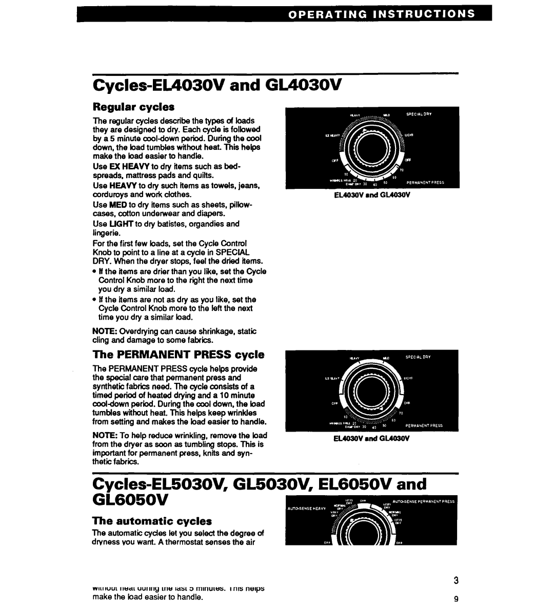 Whirlpool Cycles-EL4030V and GL403OV, Cycles=EL503OV, GL503OV, EL6050V and GL605OV, Regular cycles, Automatic cycles 