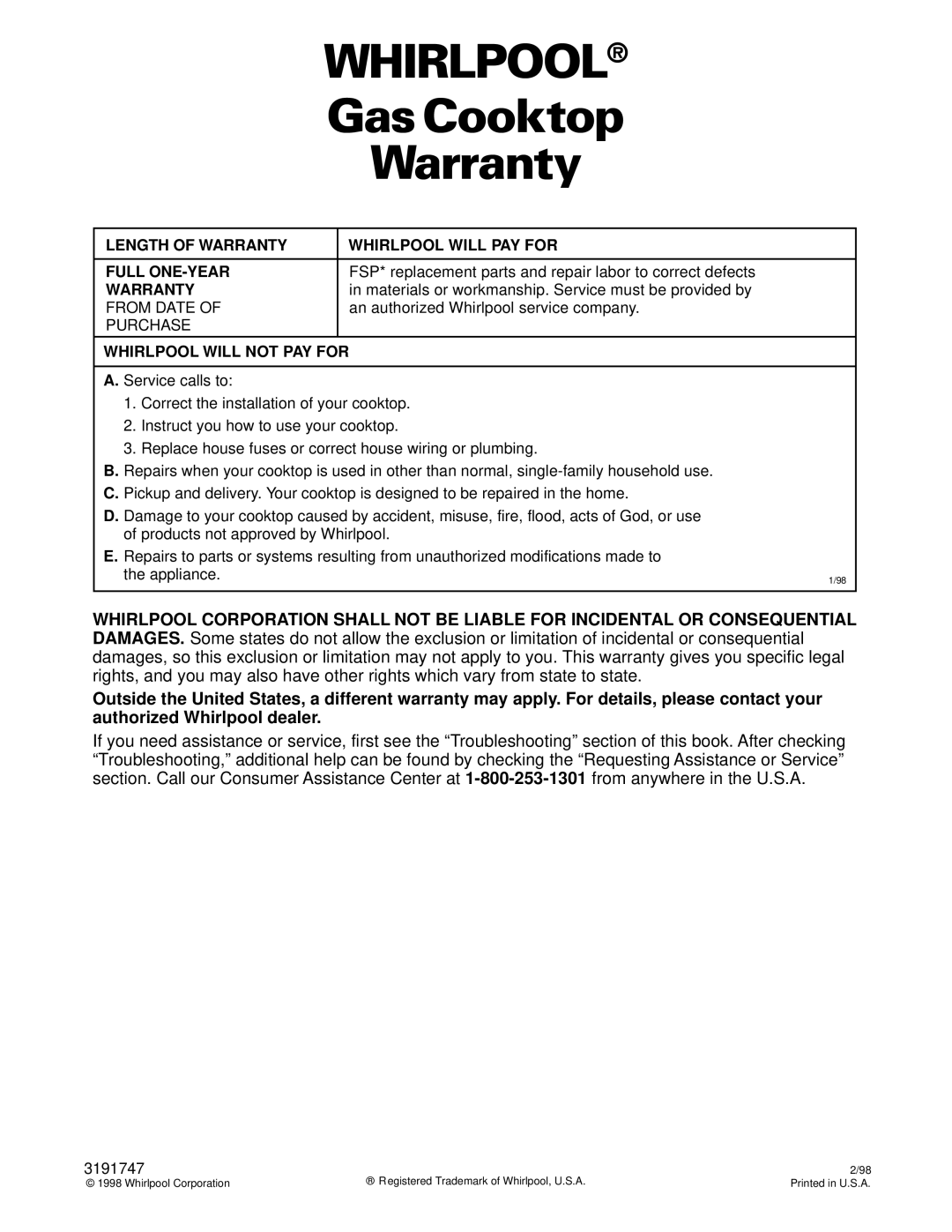 Whirlpool GL8856EB warranty Gas Cooktop, Warranty 