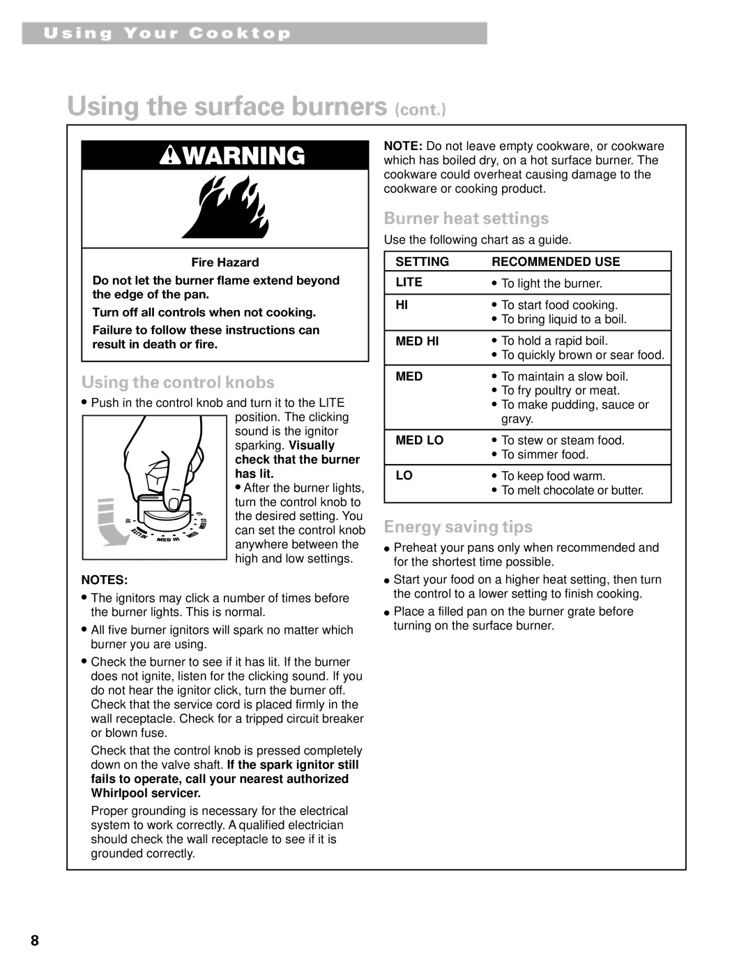 Whirlpool GL8856EB warranty Using the control knobs, Burner heat settings, Energy saving tips 