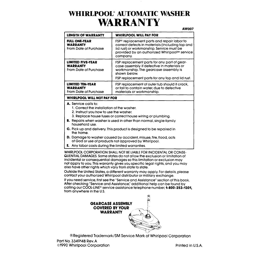 Whirlpool GLA5580XS manual Warranty 