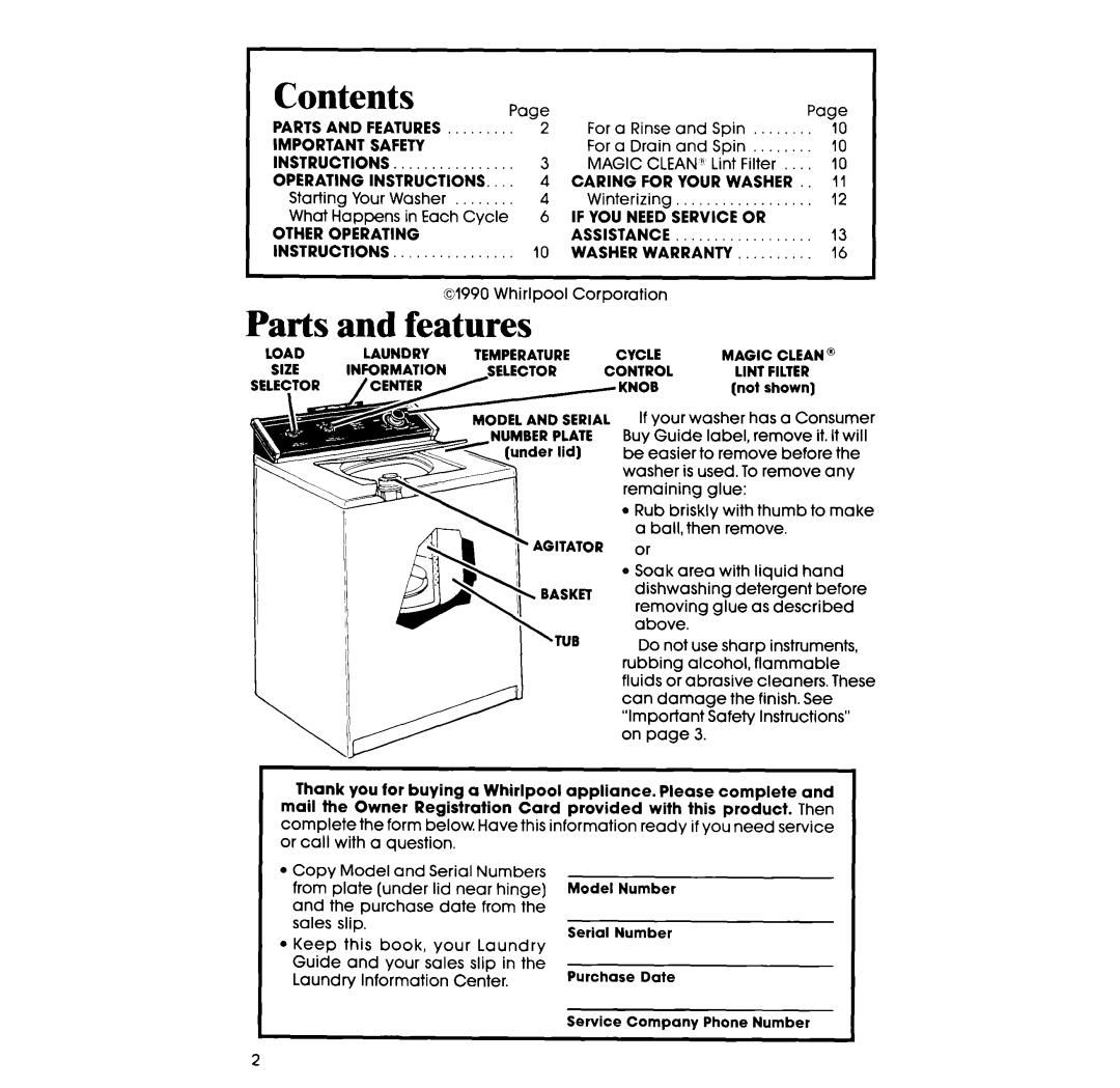 Whirlpool GLA5580XS manual Contents, Parts and features 