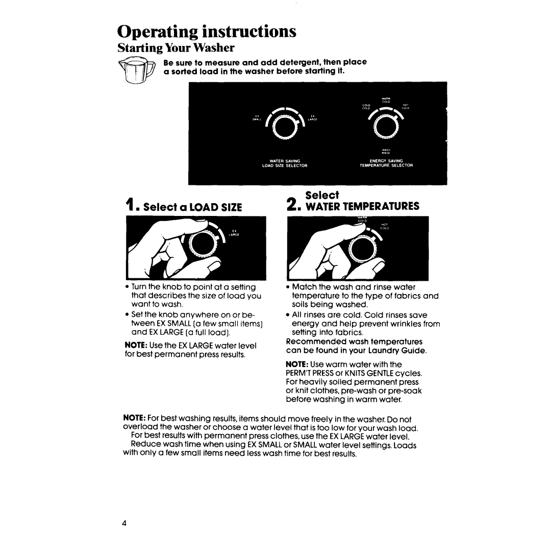 Whirlpool GLA5580XS manual Operating instructions, Starting Your Washer, Select a Load Size 