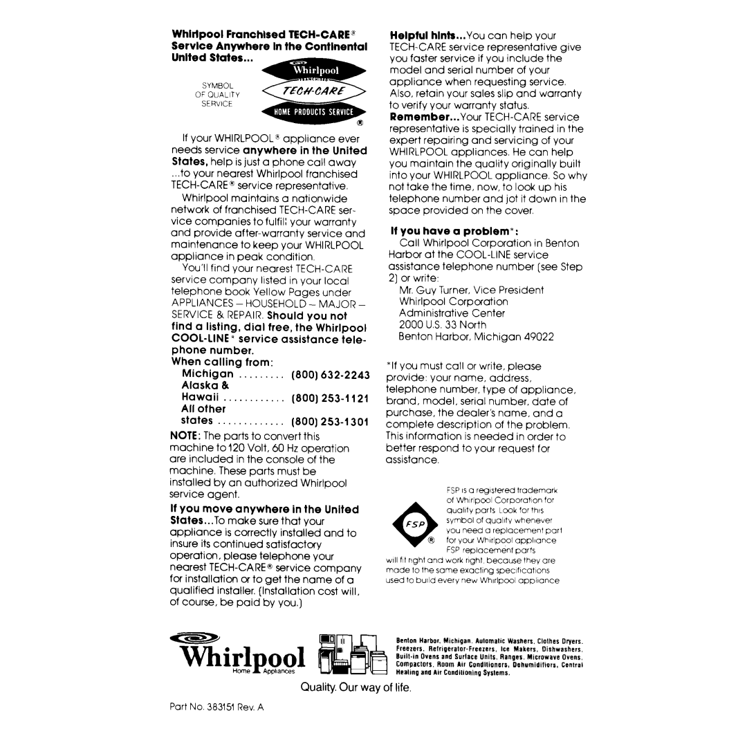 Whirlpool GLA7900XK warranty Cool-Line 