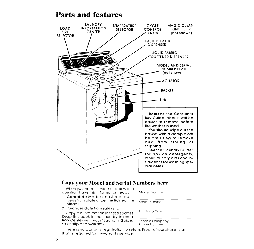 Whirlpool GLA7900XM manual Parts and features, Copy Your, Here, Number Plate, Agitator Basket TUB 