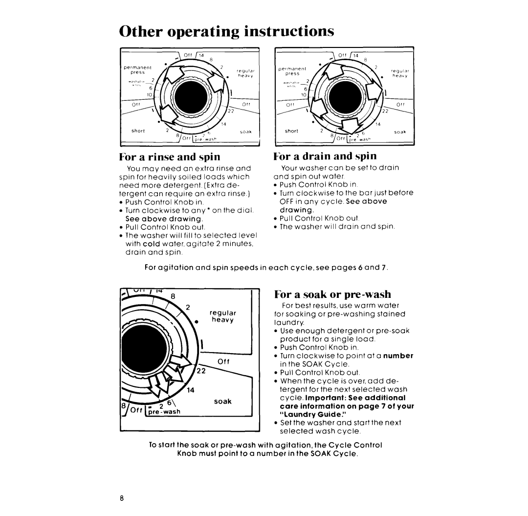 Whirlpool GLA7900XM manual Other operating instructions, For a rinse and spin, For a drain and spin, For a soak or pre-wash 