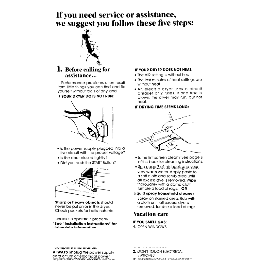 Whirlpool GLE5700XS manual Before calling for Assistance, If Your Dryer does not RUN, If Drying Time Seems Long 