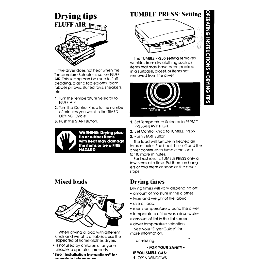 Whirlpool GLE5700XS manual Drying tips, Mixed loads, Drying times, Fluffair 
