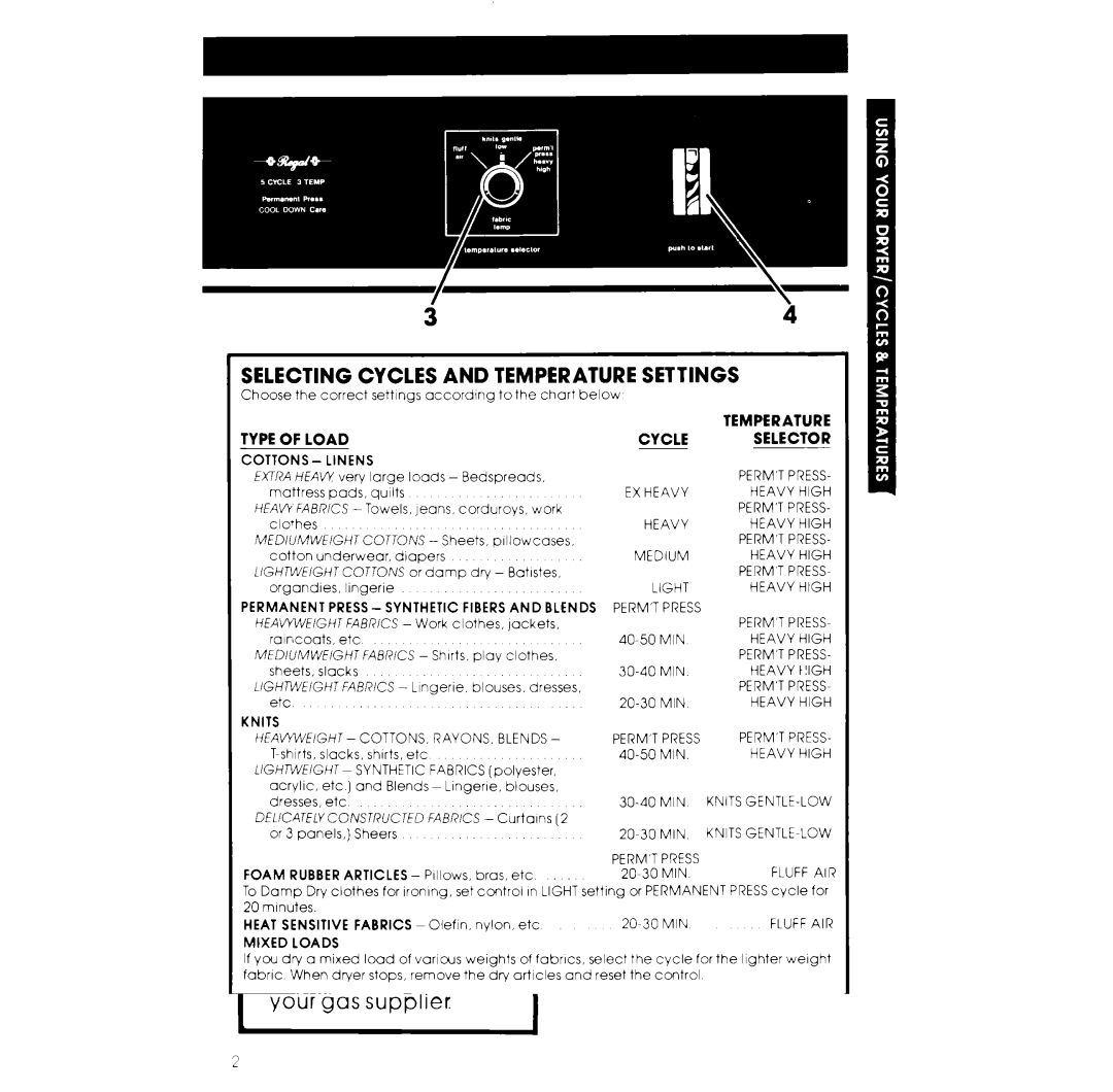 Whirlpool GLE7900XK warranty Selecting Cycles and Temperature Settings, Temperature Cycle Selector 