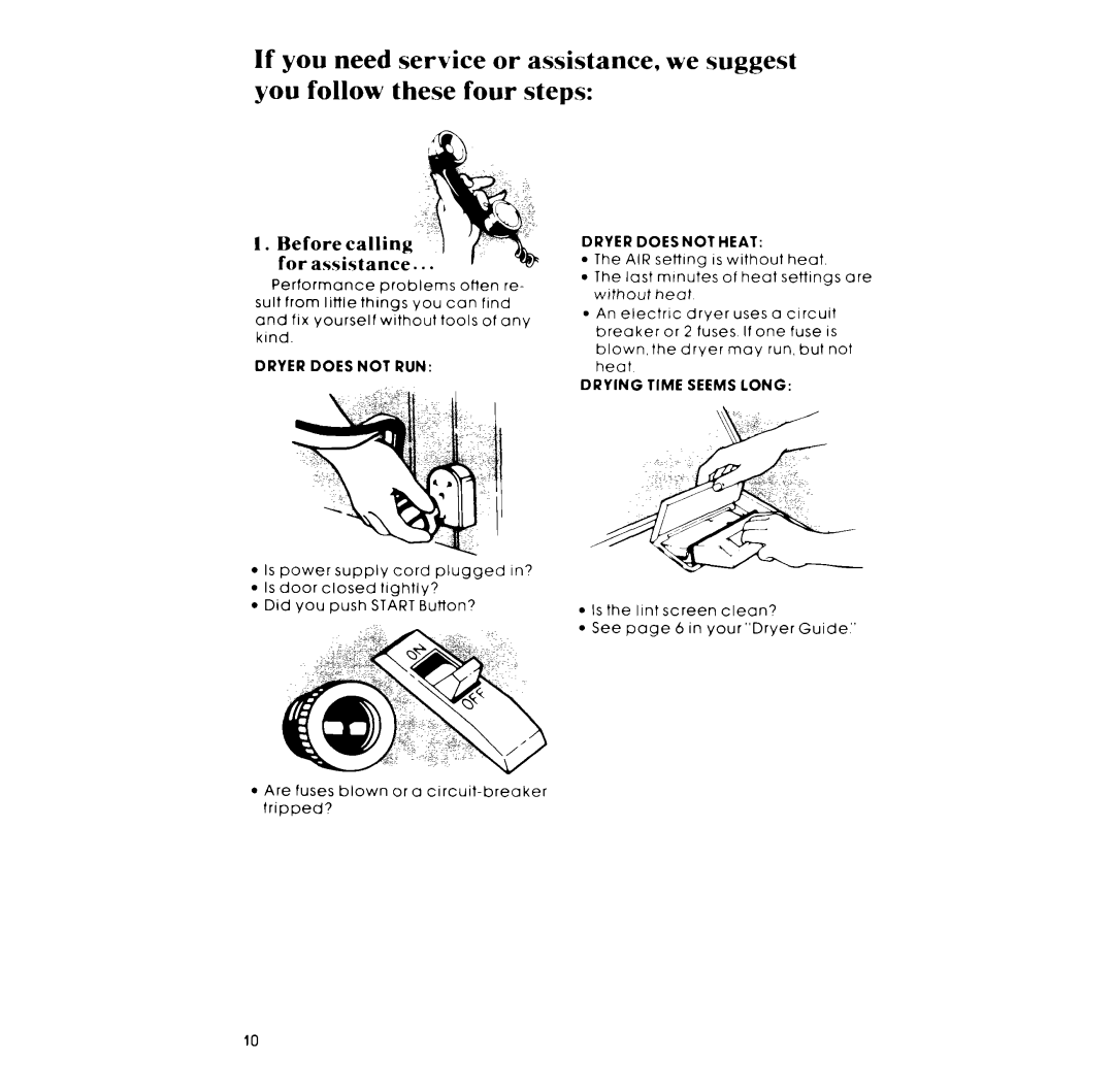 Whirlpool GLE7900XM manual Before calling For assistance, Dryer does not RUN Dryer Doesnot Heat, Drying Time Seems Long 